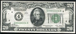 Fr.  2050 - D 1928 $20 Frn Federal Reserve Note " Numerical Gold On Demand " Xf/au