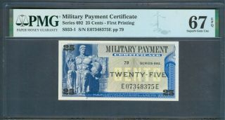 25¢ Military Payment Cert,  Series 692,  Pmg Gem Unc.  67 Epq