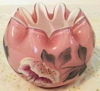 Signed Fenton Bowl Dusty Rose Overlay Crimped Top White Interior Hand Painted Ro