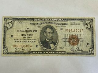 1929 $5 United States Federal Reserve Bank Of York Note
