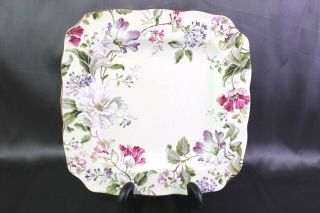 222 Fifth Gisela Dinner Plate Square Green Pink Purple Floral Plum Rim