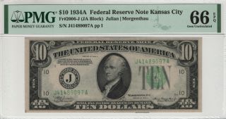 1934 A $10 Federal Reserve Note Kansas City Fr.  2006 - J Pmg Gem Unc 66 Epq (097a)