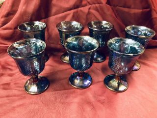Indiana Iridescent Blue " Harvest Grape " Carnival Glass Seven Footed Goblets