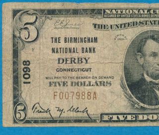 $5.  00 1929 The Birmingham N.  B.  Derby Ct.  Charter 1098