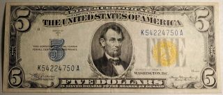 $5 1934 Series A Silver Certificate North Africa Yellow Seal K54224750a