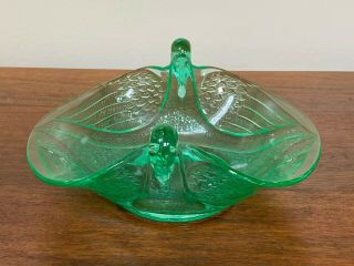 Fenton Green Uranium Depression Glass Dish With Swan Handles