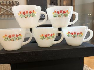 Set Of 5 Vintage Fire King Milk Glass Coffee Tea Cup Tulip Flower Pattern