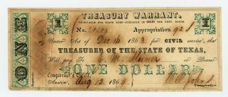 1864 Cr.  4a $1 Texas Treasury Warrant - Civil War Era Cu