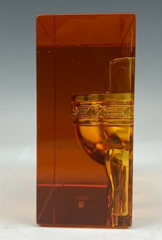 Signed TITTOT Chinese Crystal Amber Prosperity Art Glass Block Paperweight SMS 3