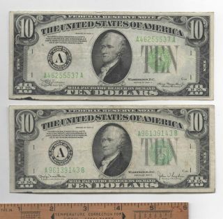 (2) 1934 A D 10 Dollar Federal Reserve Note - Green Seal Circulated