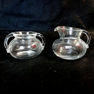 Vintage Signed Steuben Crystal Glass Creamer & Sugar Bowl With Handles Usa Made