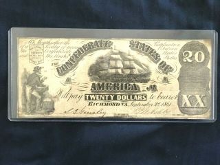 1861 $20 Dollar Confederate States Currency Civil War Ship Note Paper Money T - 18