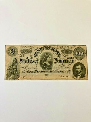 Old Civil War Confederate 100 Dollar Bill - February 17 1864