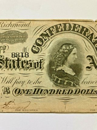 Old Civil War Confederate 100 dollar bill - February 17 1864 3