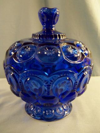 L.  E.  Smith Cobalt Blue Glass Moon & Stars Round Covered Candy Dish 7 " Tall