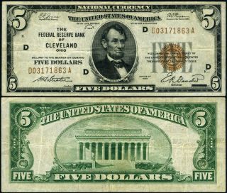 Fr.  1850 D $5 1929 Federal Reserve Bank Note Cleveland D - A Block Vf