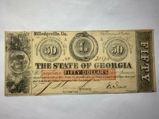 1863 $50 State Of Georgia Milledgeville Obsolete Note Fantastic Color & Cond