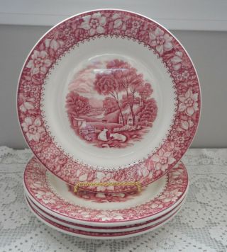 Vintage Wood & Sons Colonial Pink Salad Plates Landscape Made In England Enoch