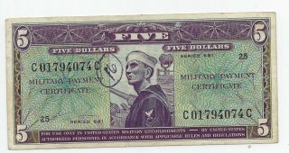 Usa America 5 Dollars Mpc Military Payment Certificate Series 681 Issued 1969