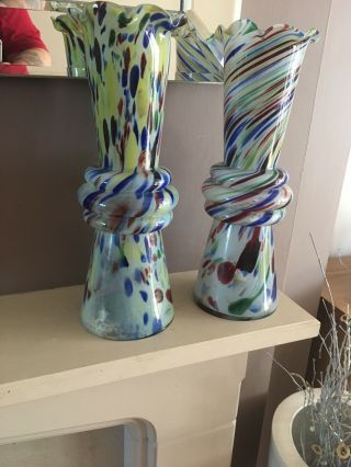 Murano Glass Vases 2 End Of Day Large 1960 ' s Vintage Retro Multi Colours 14.  5” 2