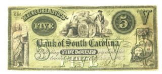 Pre - Civil War Bank Of South Carolina,  Cheraw $5 Green Note 1857