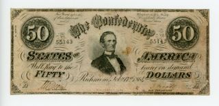 Civil War Confederate States Of America Fifty Dollar Note 1864