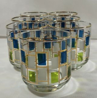 Vintage Libbey 8 Ounce Drinking Glasses Green,  Blue,  White Geometrical Design 7