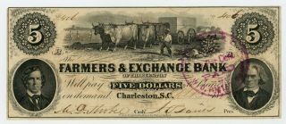 1861 $5 The Farmers & Exchange Bank - South Carolina Note W/ Slaves
