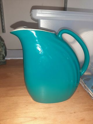 Hall China Co Pottery Teal Nora Pitcher Art Deco 1950s Refrigerator Water Server
