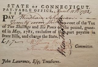 April 11,  1782 State Of Connecticut Colonial Pay - Table Office Currency