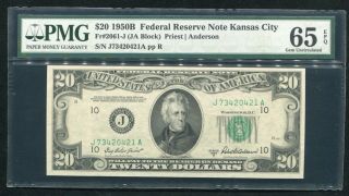 Fr.  2061 - J 1950 - B $20 Frn Federal Reserve Note Kansas City,  Mo Pmg Gem Unc - 65epq