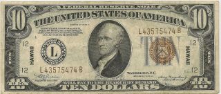1934 - A $10 Federal Reserve Note Frn Hawaii Note Fine Priced Right Inv 474