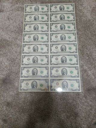 Uncut Sheet $2 Dollar Bills (16) 1995 Uncirculated - Sept Of Treasury