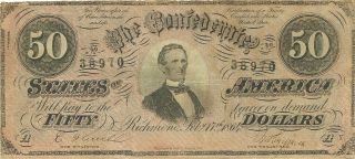1864 $50 Confederate Civil War Currency President Jefferson Davis Portrait