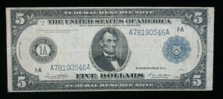 1914 $5 Large Size Blue Seal Federal Reserve Bank Boston Mass Us Paper Money