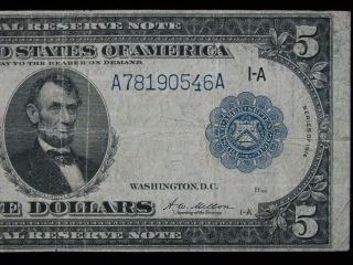 1914 $5 Large Size Blue Seal Federal Reserve Bank Boston Mass US Paper Money 3
