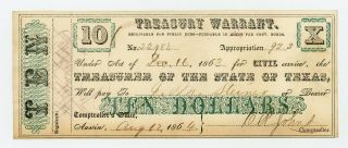 1864 Cr.  20a $10 Texas Treasury Warrant - Civil War Era Au