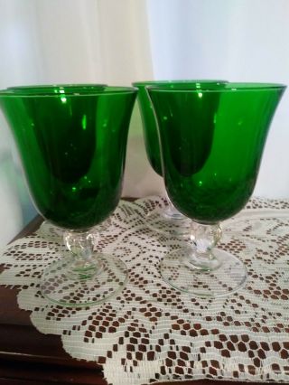 4 Hand Blown Wine Goblet Emerald Green Bowl Clear Glass Stem 12 Oz
