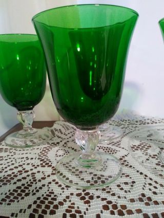 4 Hand Blown Wine Goblet Emerald Green Bowl Clear Glass Stem 12 oz 2
