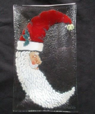Peggy Karr Fused Glass Tray Crescent Moon Santa Claus Signed & Retired