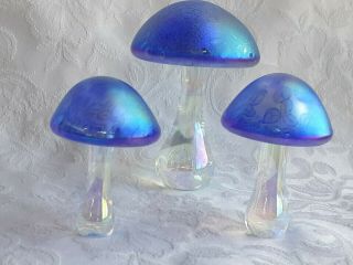 Heron Glass Set Of Three Blue Mushrooms - Made In Ulverston,  Cumbria - Boxed