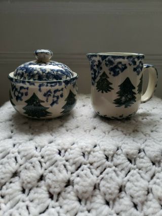 Tienshan Cabin In The Snow,  Creamer & Sugar Bowl Set,  Folk Craft,  Spongeware