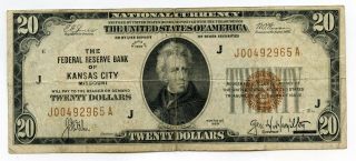 1929 $20 National Currency Note Kansas City Federal Reserve Bank Twenty - Bj649