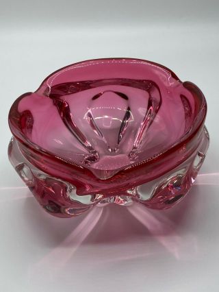 Vintage Chribska Josef Hospodka Bohemian Czech Glass Bowl Cranberry & Clear