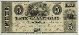1840 Ohio Bank Of Gallipolis $5 Obsolete Currency