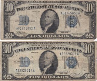 2 - 1934 $10 Ten Dollar Silver Certificates Blue Seal Circulated 4