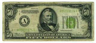 Fr.  2102 - A 1934 $50 Federal Reserve Note Boston Light Green Seal