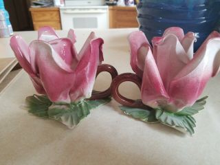 Set Of 2 Vintage Nuova Capodimonte Italian Porcelain Flower Candle Holder Floral
