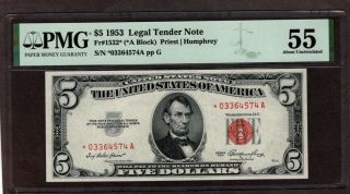 1953 $5 Legal Tender Note Star,  Pmg 55,