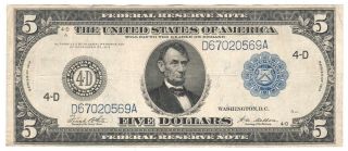 Large Size Note 1914 Frn $5 Five Dollar Federal Reserve Note F - 859a